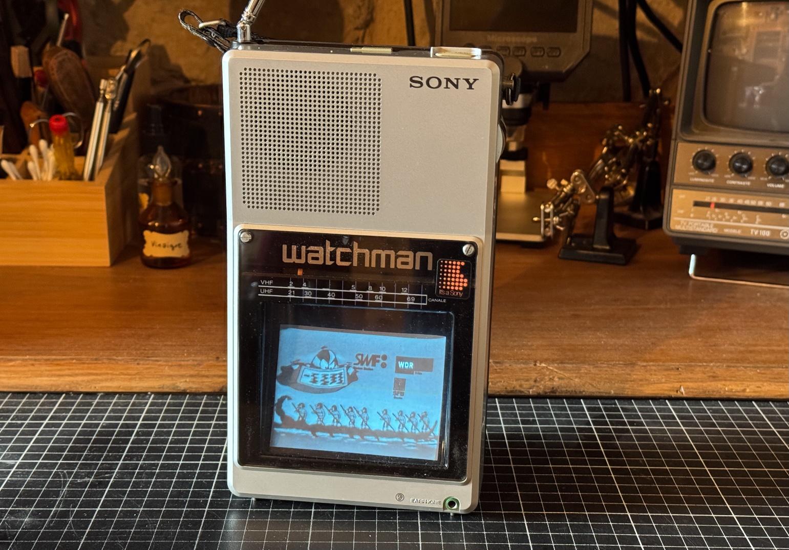 Vintage portable CRT TV: watchman from Sony, 1985